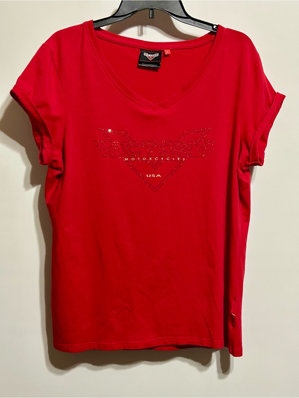 Victory Motorcycles Women’s Red V-Neck Tee with Crystal Logo